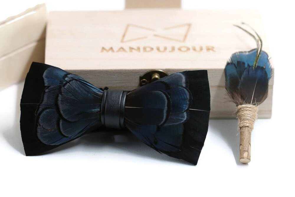 7158 Elegant Black & Blue Pheasant Feather Bow Tie and Lapel Pin Set